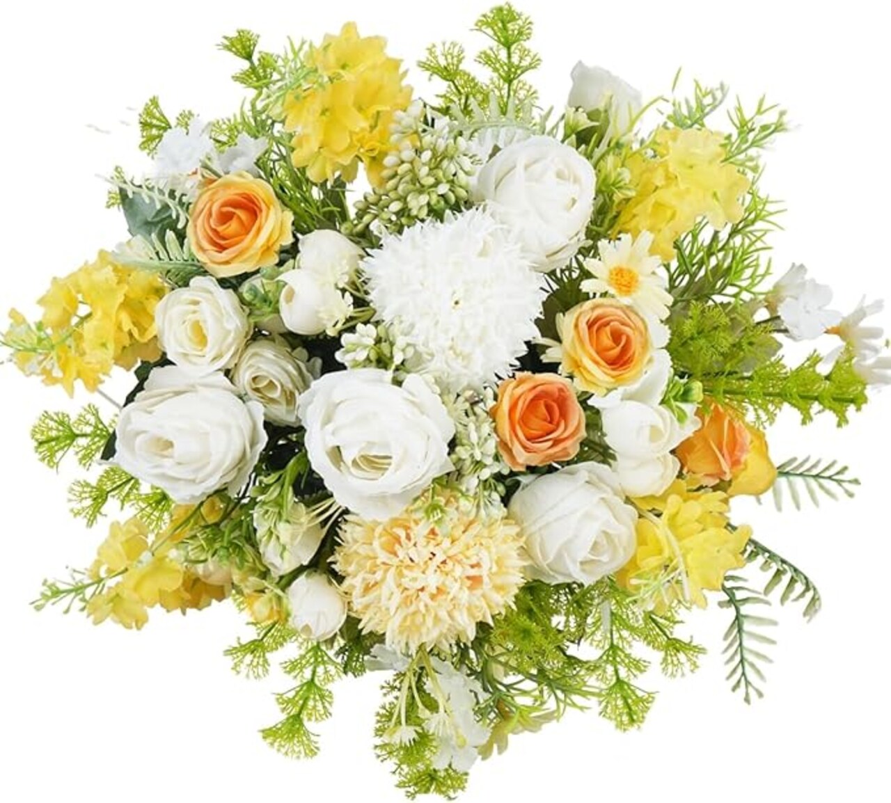 8Pcs Yellow Roses White Flowers Artificial Silk Hydrangea Bouquets Faux Floral Arrangements Picks Fake Spring Flowers for Cemetery Grave Vase Wedding Home Decor Indoor Outdoor